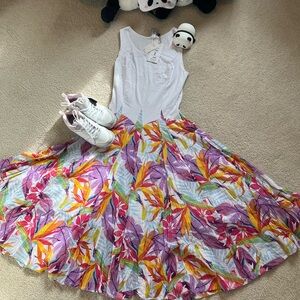 Kaktus White Tank Dress with Purple, Yellow and Pink Tropical Skirt